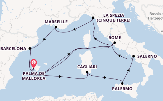 Westelijke Middellandse Zee vanaf Palma de Mallorca, Mallorca, Spanje met de Mein Schiff 7