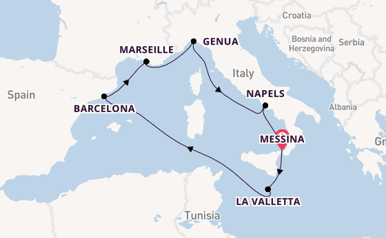 Westelijke Middellandse Zee vanaf Messina, Sicilië met de MSC World Asia