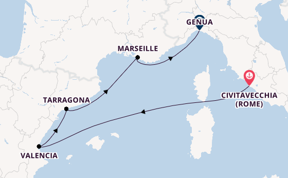 Westelijke Middellandse Zee vanaf Civitavecchia (Rome), Italië met de MSC Sinfonia