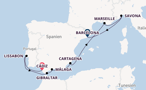 Westliches Mittelmeer ab Cádiz, Spanien auf der Costa Diadema