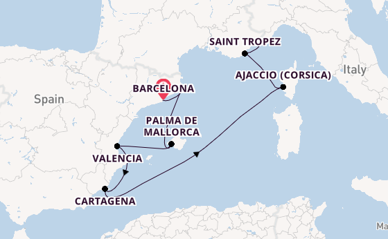 Westelijke Middellandse Zee vanaf Barcelona, Spanje met de Silver Ray
