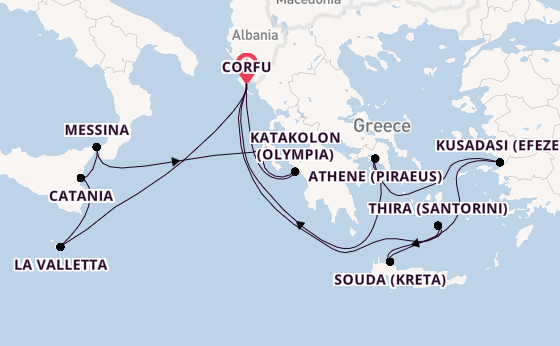 Oostelijke Middellandse Zee vanaf Corfu, Griekenland met AIDAblu