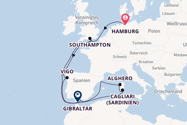 Westliches Mittelmeer ab Hamburg, Deutschland auf der Queen Anne
