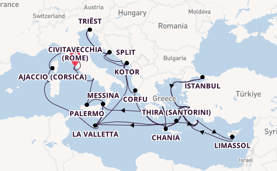 Middellandse Zee vanaf Civitavecchia (Rome), Italië met de Enchanted Princess