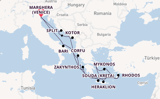 Oostelijke Middellandse Zee vanaf Marghera (Venice) met de Costa Deliziosa