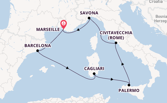 Westelijke Middellandse Zee vanaf Marseille, Frankrijk met de Costa Smeralda