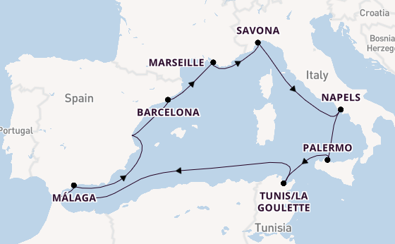 Westelijke Middellandse Zee vanaf Valencia, Spanje met de Costa Pacifica