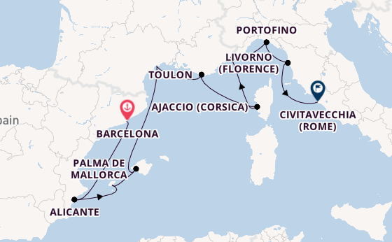 Westelijke Middellandse Zee vanaf Barcelona, Spanje met de Marina
