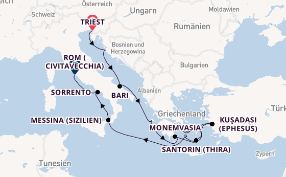 Mittelmeer ab Triest, Italien auf der Seven Seas Prestige