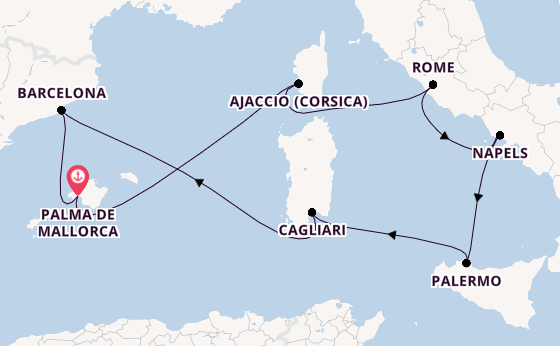 Westelijke Middellandse Zee vanaf Palma de Mallorca, Mallorca, Spanje met de Mein Schiff Flow