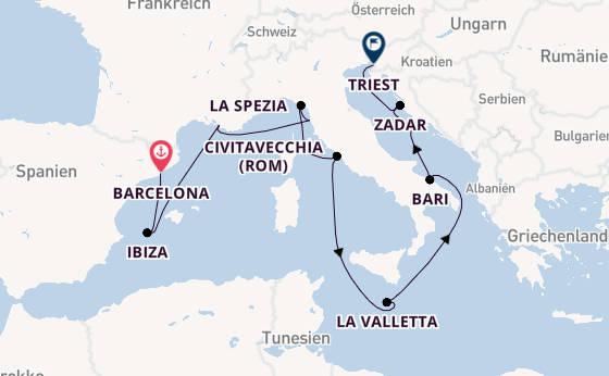 Westliches Mittelmeer ab Barcelona, Spanien auf der Queen Elizabeth