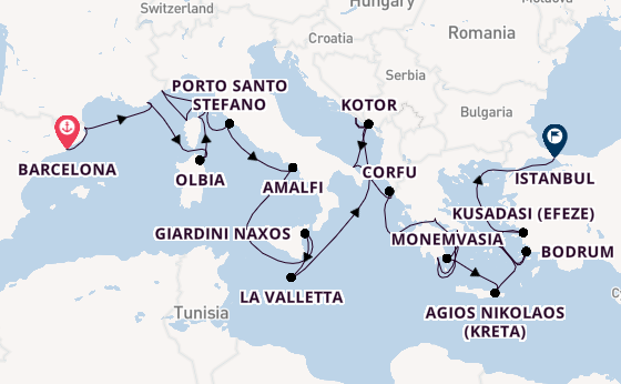 Middellandse Zee vanaf Barcelona, Spanje met de Seabourn Ovation