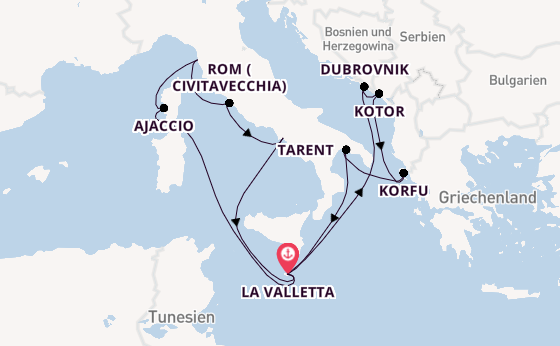 Mittelmeer ab La Valletta, Malta auf der Azura