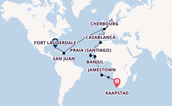 trans-Atlantisch vanaf Kaapstad, Zuid-Afrika met de Volendam