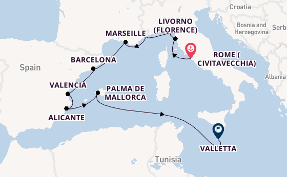 Western Mediterranean from Rome (Civitavecchia), Italy with the Sirena