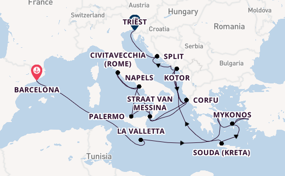 Middellandse Zee vanaf Barcelona, Spanje met de Oosterdam