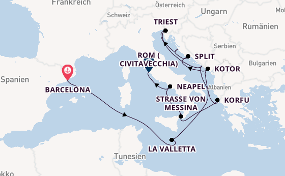 Mittelmeer ab Barcelona, Spanien auf der Queen Elizabeth