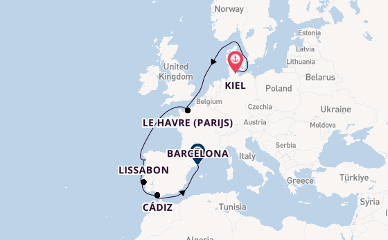 Westelijke Middellandse Zee vanaf Kiel, Duitsland met de Costa Diadema