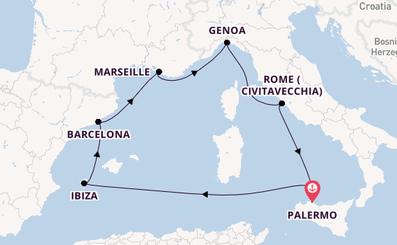 Western Mediterranean from Palermo, Sicily, Italy with the MSC Seaview