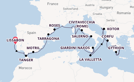 Middellandse Zee vanaf Lissabon, Portugal met de Seabourn Ovation