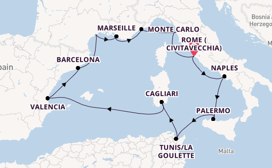 Western Mediterranean from Rome (Civitavecchia), Italy with the Viking Star