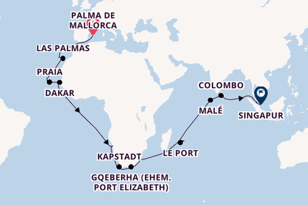 52 Nächte - Große Weltentdecker-Route - ab Palma/bis Singapur