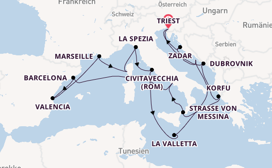 Mittelmeer ab Triest, Italien auf der Queen Elizabeth