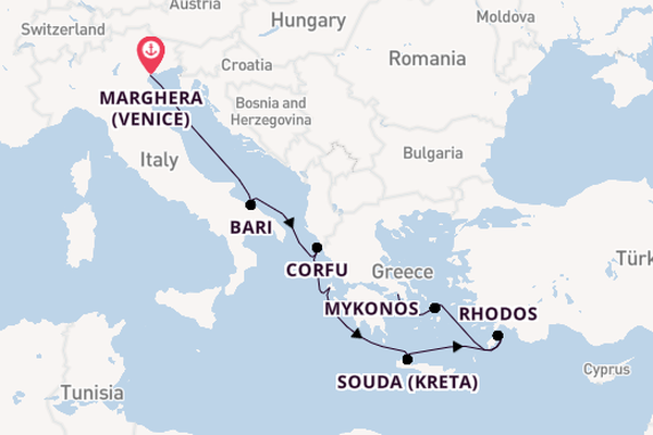 Oostelijke Middellandse Zee vanaf Marghera (Venice) met de Costa Deliziosa