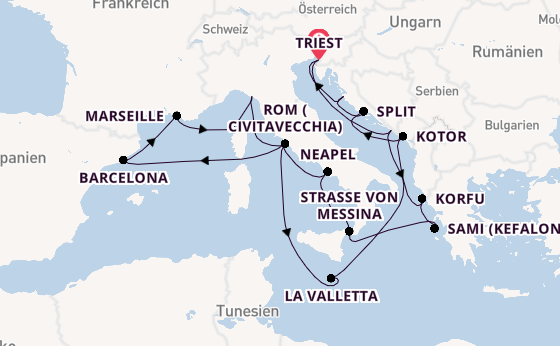 Mittelmeer ab Triest, Italien auf der Queen Elizabeth
