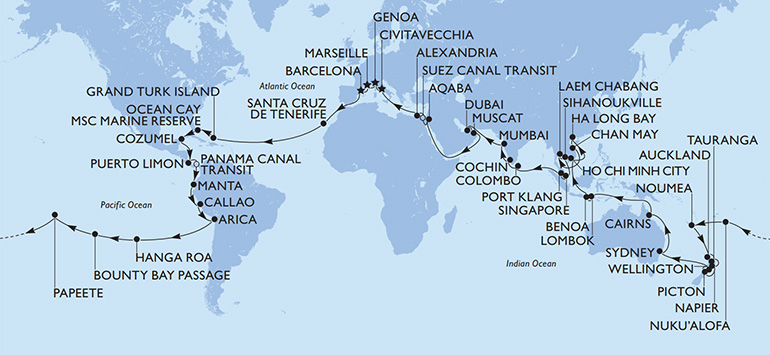 MSC Magnifica Weltreise 2028 Route