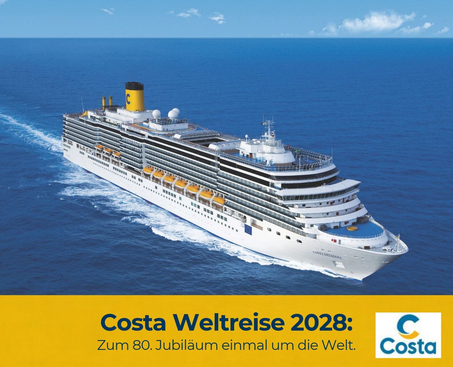 Costa Weltreise 2028: Zum 80. Jubiläum einmal um die Welt.
