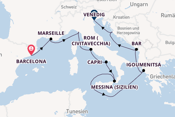 Mittelmeer ab Barcelona, Spanien auf der Sirena