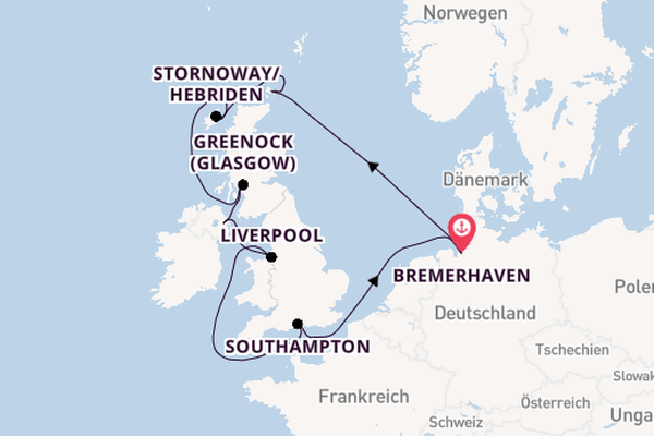 Vereinigtes Königreich ab Bremerhaven, Deutschland auf der Mein Schiff 2