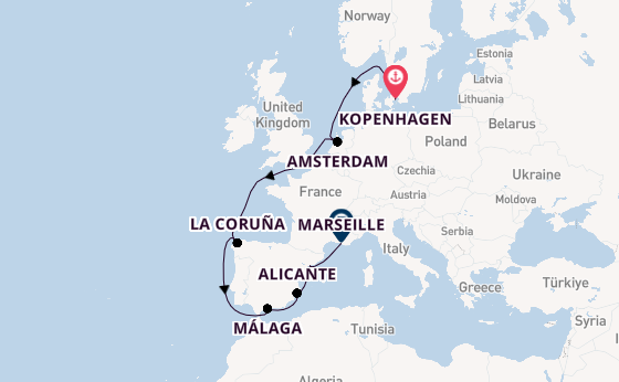 Westelijke Middellandse Zee vanaf Kopenhagen, Denemarken met de MSC Euribia