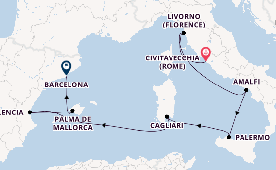 Westelijke Middellandse Zee vanaf Civitavecchia (Rome), Italië met de Celebrity Constellation