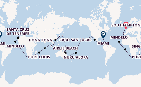 Round-the-World Trip from Southampton, England with the Queen Elizabeth