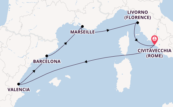 Westelijke Middellandse Zee vanaf Civitavecchia (Rome), Italië met de MSC Sinfonia