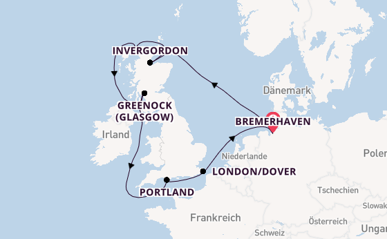 Vereinigtes Königreich ab Bremerhaven, Deutschland auf der Mein Schiff 2