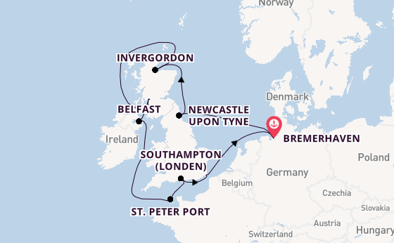 Verenigd Koninkrijk vanaf Bremerhaven, Duitsland met de Mein Schiff 3