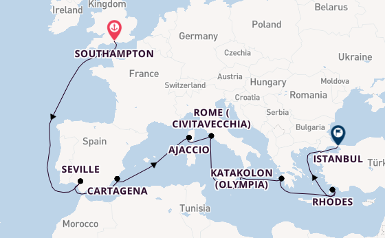 Mediterranean Sea from Southampton, England with the Queen Elizabeth