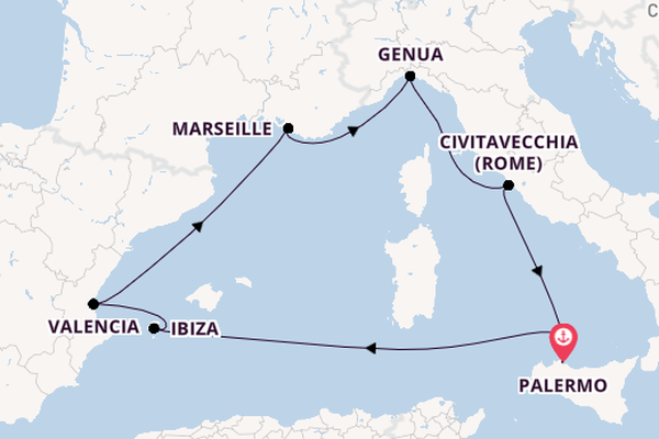Westelijke Middellandse Zee vanaf Palermo, Sicilië met de MSC Musica