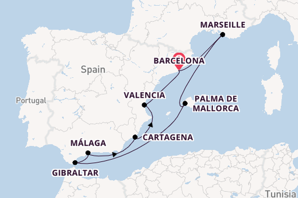 Westelijke Middellandse Zee vanaf Barcelona, Spanje met de Silver Ray