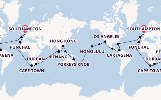 Round-the-World Trip from Southampton, England with the Queen Anne