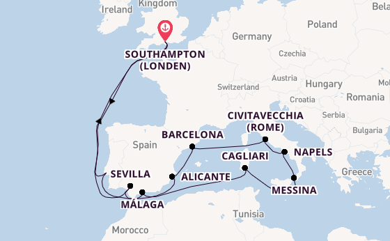 Westelijke Middellandse Zee vanaf Southampton (Londen), Engeland met de Queen Anne