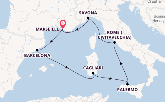 Western Mediterranean from Marseille, France with the Costa Smeralda