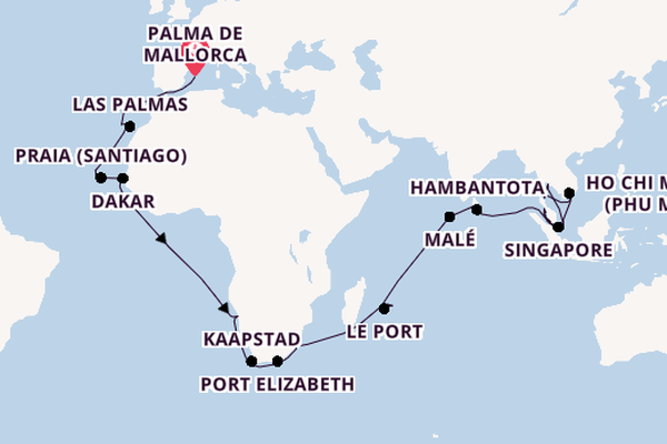 Zuidoost-Azië vanaf Palma de Mallorca, Mallorca, Spanje met de Mein Schiff 6