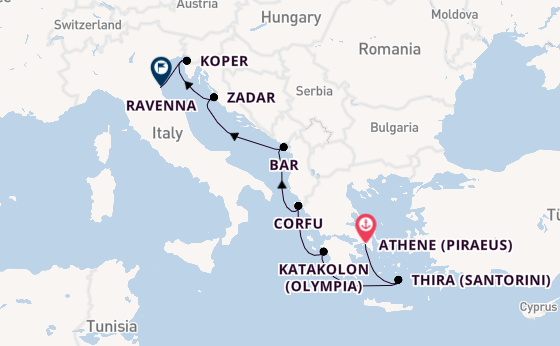 Oostelijke Middellandse Zee vanaf Athene (Piraeus), Griekenland met de Norwegian Gem