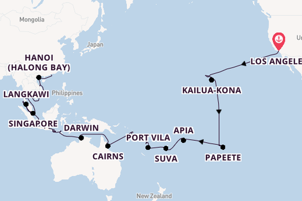 Transpacifisch vanaf Los Angeles, Verenigde Staten met de Regatta