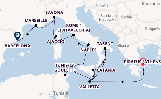 Western Mediterranean from Piraeus (Athens), Greece with the Costa Fascinosa