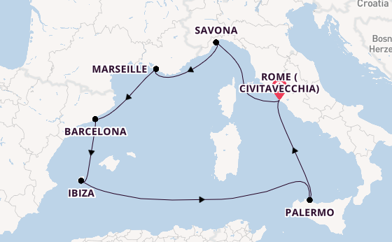 Western Mediterranean from Rome (Civitavecchia), Italy with the Costa Smeralda
